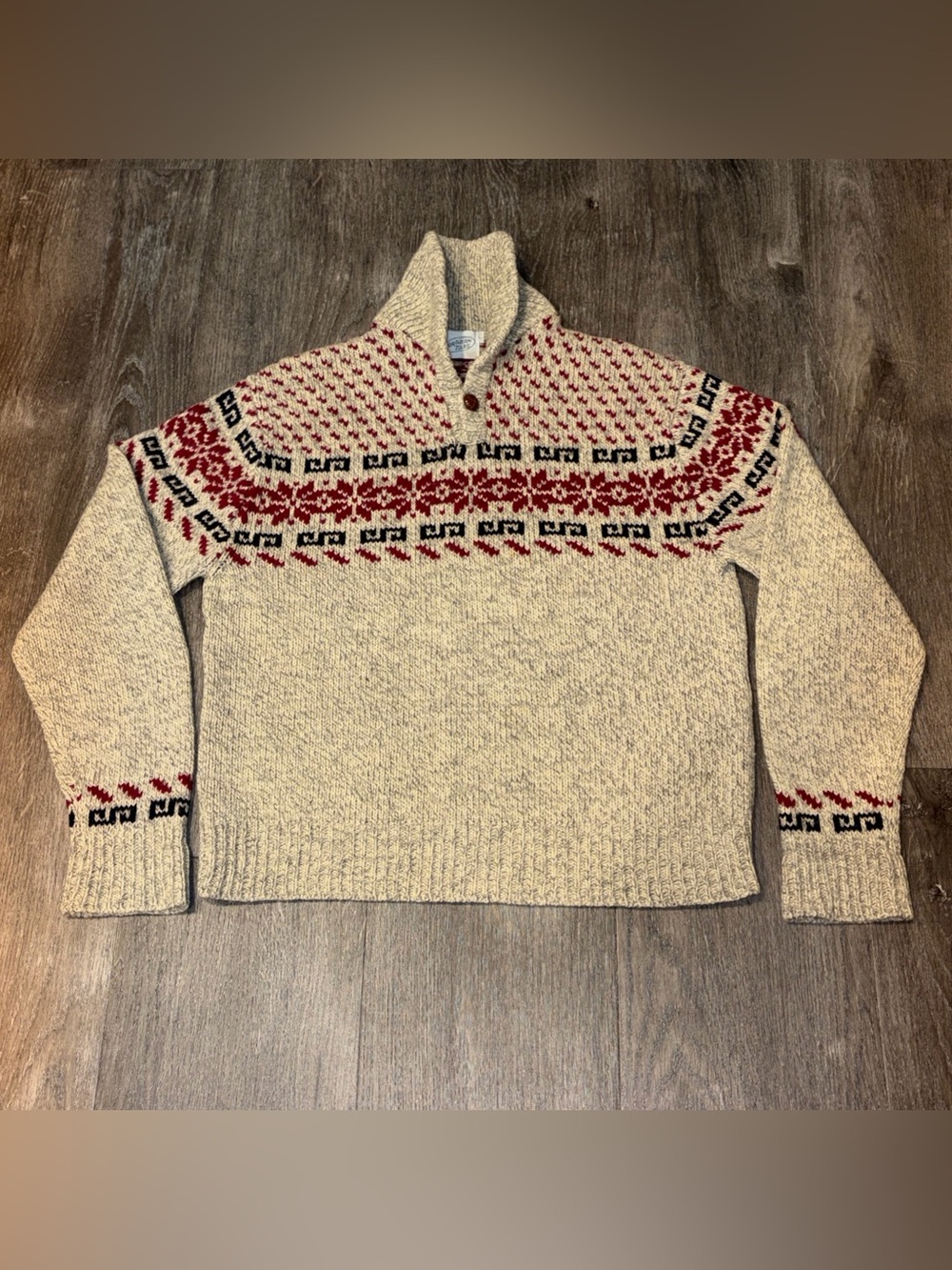 VTG Northern Isles Ragg Wool Fair Isle Shawl Collar L Beige Gray Red Sweater EUC